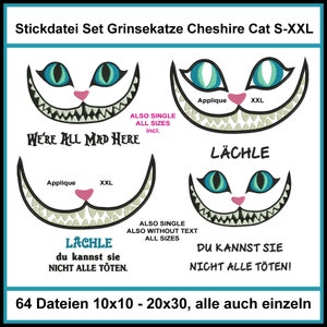 以下が含まれることがあります： アリス・イン・ワンダーランドのチェシャ猫をフィーチャーしたデジタル刺繍デザインセット。このセットには、2つの異なるデザインが含まれており、1つは「We're All Mad Here」というテキスト、もう1つはドイツ語で「笑顔」を意味する「Lächle」というテキストが書かれています。デザインはS-XXLなど、複数のサイズでご利用いただけます。デザインは、テキストなしの単一デザインとしてもご利用いただけます。