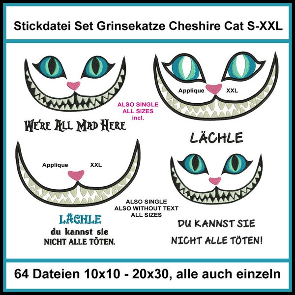 Stickdateien Grinsekatze Cheshire Cat embroidery Alice Katze Applikationen Lächeln, Mund Maske applique