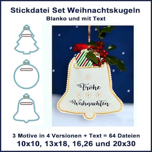 Stickdateien Set ITH Weihnachtskugeln Geschenke Anhänger als Deko oder zum verschenken. 3 Kugeln Motive und Text 10x10 bis 20x30