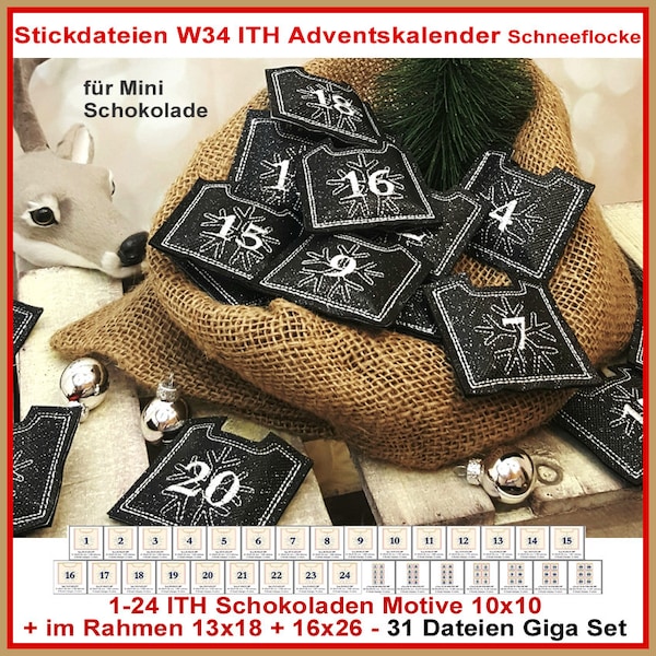 Stickdatei ITH Adventskalender Schneeflocke Schoki Hüllen Schokoladen ITH Kalender W34 rockqueen embroidery