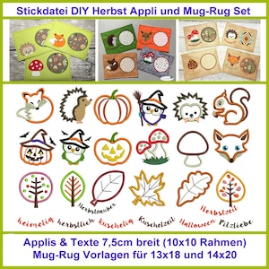 Herbstzauber Stickdatei Set: ITH-MugRug und Applikationen. Kreativ für Tassen, Taschen & Kleidung. 45 Motive image 1