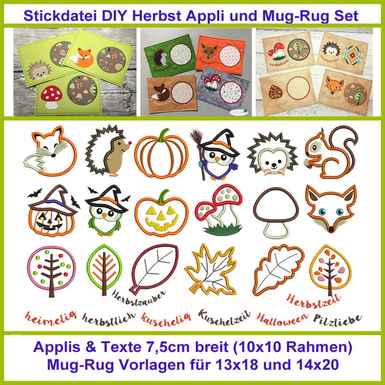 Herbstzauber Stickdatei Set: ITH-MugRug und Applikationen. Kreativ für Tassen, Taschen & Kleidung. 45 Motive image 1