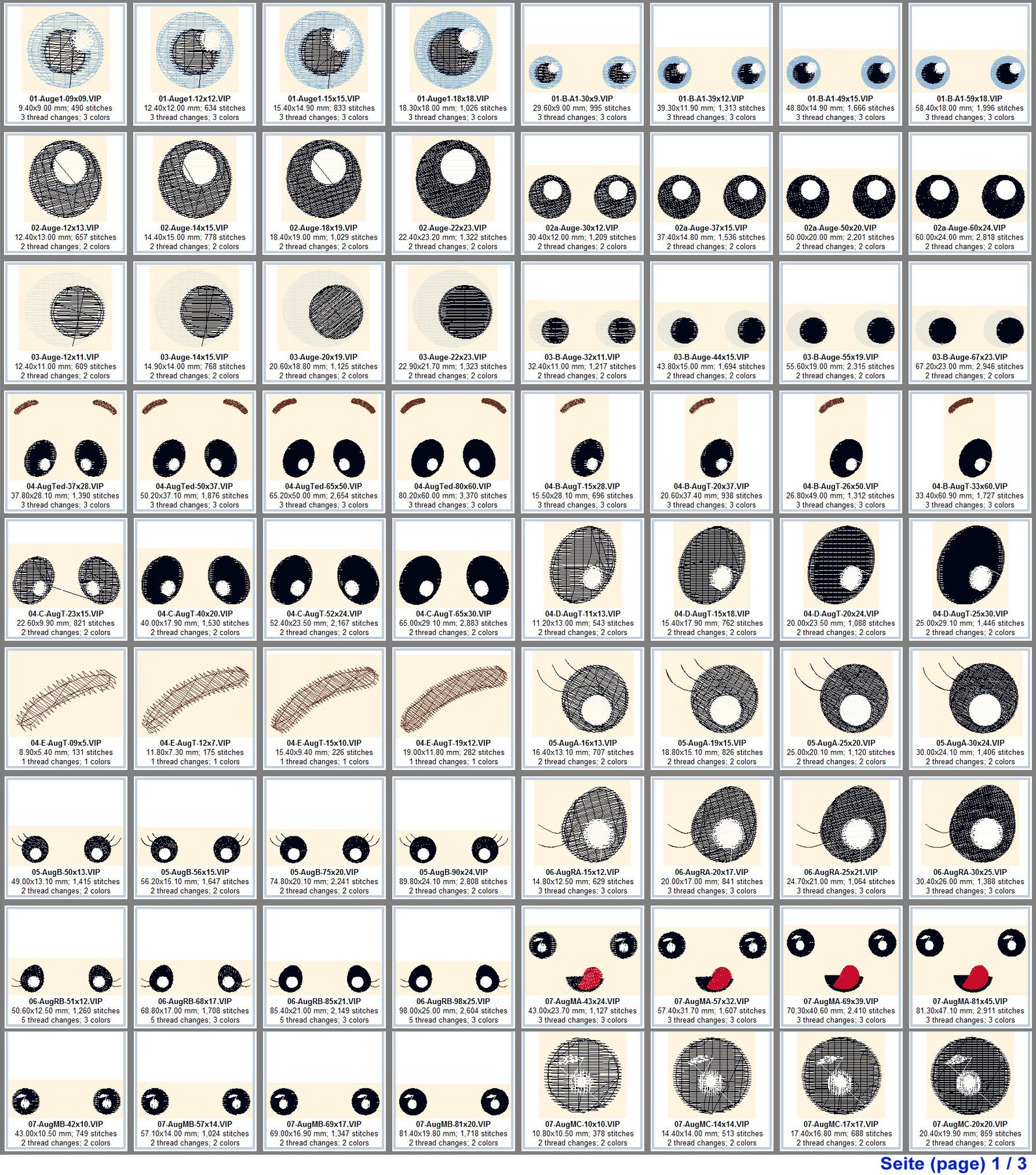 Stickdateien Augen Set 2 Nase Mund Gesichter Kuscheltiere