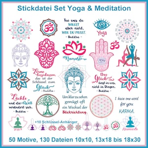 May include: A set of 50 embroidery designs for yoga and meditation. The designs include a variety of symbols, including the Om symbol, the Hamsa hand, and the lotus flower. The designs are available in a variety of sizes, from 10x10 to 18x30 stitches.