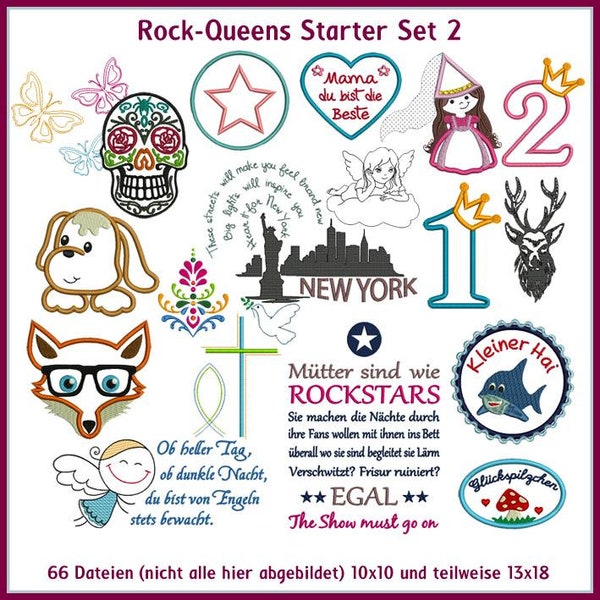 Stickdateien Rock-Queens Starter Set 2 Fuchs, Kreuz, Engel, Krone, Zahl, Skull, Prinzessin, Geburtstag embroidery files RockQueenEmbroidery