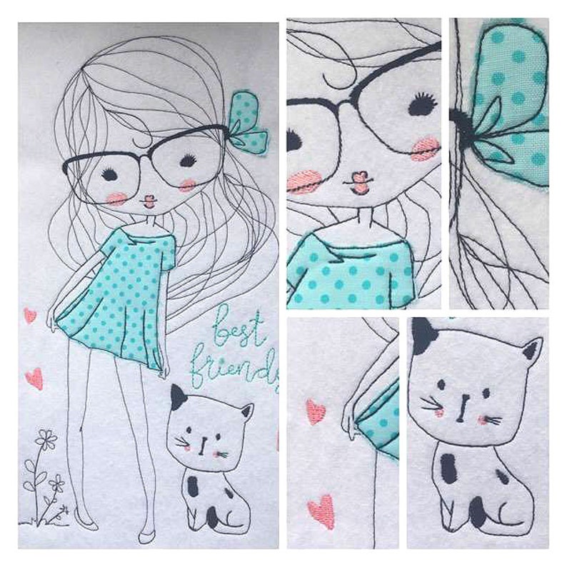 Stickdateien Girlie Cute Doodles, Boot Katze Mädchen Junge, Strichzeichnung Cute Girls, Linienstickerei embroidery files RockQueenEmbroidery immagine 3