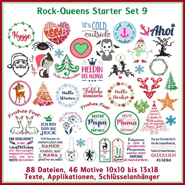 Stickdateien Rock-Queens Starter Set 9 beste Mama, hygge, Lama, Anhänger, Weihnachtsbaum, Papa, Katze