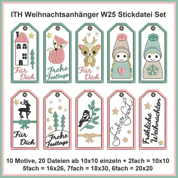 Ith Weihnachtsanhänger W25 Stickdatei: Niedliche 10x10 Anhänger einzeln, mehrfach, Appli, Doodle. Inkl. Quick-Stick & Blanko. 20 Dateien.