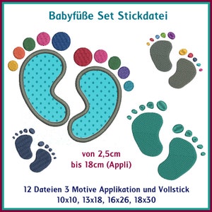 Stickdateien Babyfüße Set, Baby Füße als Applikation, Vollstick, in bunt und einfarbig, Footprint, 3 Motive, 12 Dateien, RockQueenEmbroidery Bild 1