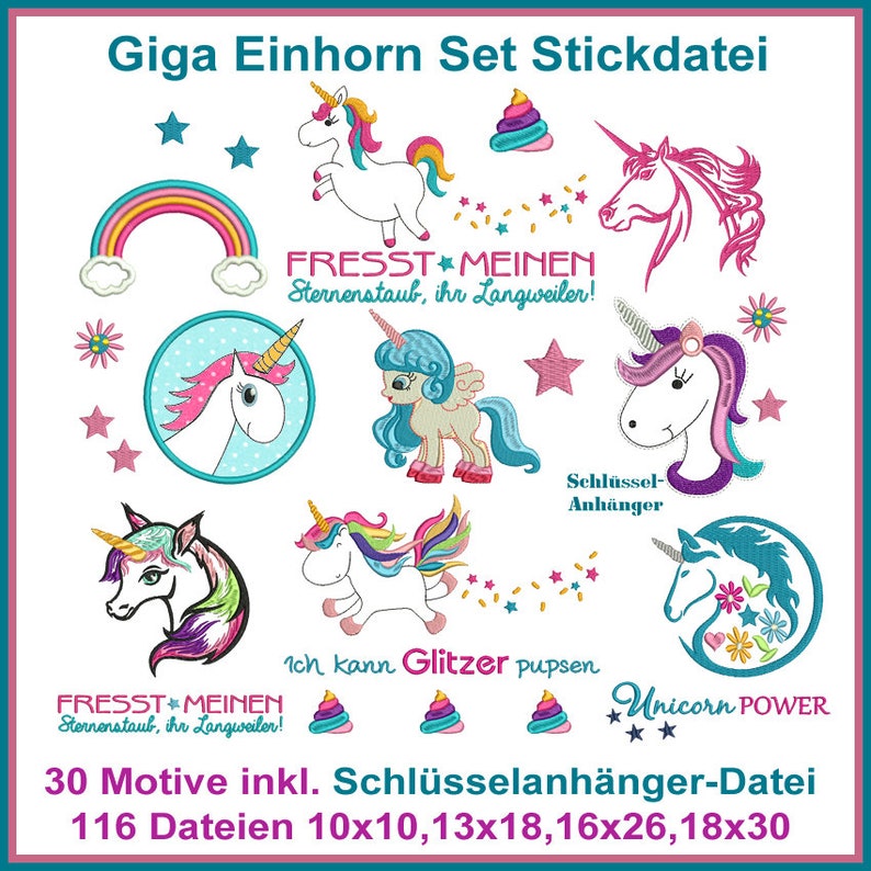 Stickdateien Einhorn Set 116 Dateien Unicorn Design, Doodle Applikation Einhörner applique line embroidery files RockQueenEmbroidery Bild 2