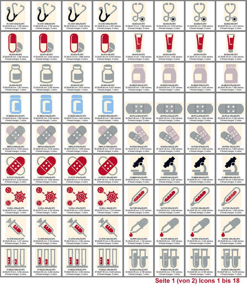 Medizinische Icons Stickdatei: 138 Dateien, 35 Motive. Arztprojekte zum Leben erwecken. Größe 10x10. Entdecke die Vielfalt Bild 2