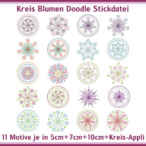May include: A set of 11 digital embroidery designs featuring circular floral patterns in various colors. The designs are available in three sizes: 5 cm, 7 cm, and 10 cm. The text "Kreis Blumen Doodle Stickdatei" and "11 Motive je in 5cm+7cm+10cm+Kreis-Appli" is included in the image.