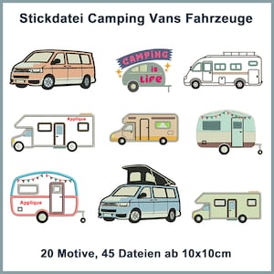 Könnte beinhalten: Ein Set mit 20 Stickdateien, die verschiedene Camping-Vans und Wohnwagen zeigen. Die Designs beinhalten einen blauen Van mit einem Aufstelldach, einen rot-weißen Wohnwagen und einen gelb-braunen Camping-Van. Die Designs sind perfekt, um personalisierte Stickprojekte für Kleidung, Taschen und Wohnaccessoires zu erstellen.