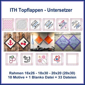 Stickdateien Set für ITH Topflappen oder Untersetzer im Rahmen gestickt, 3 Größen zur Auswahl, mach&#39; Deine Küche zum Hingucker