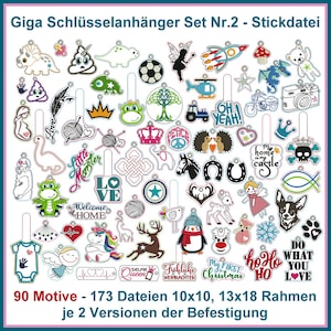 Stickdateien Schlüsselanhänger Set 2 - 90 einzigartige Motive, Dateien: 173, Ösen- und KamSnaps-Variante, für Rahmen 10x10 & 13x18.