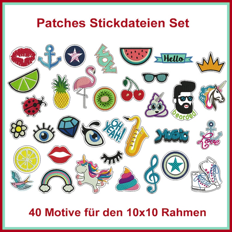 Stickdateien Patches Patch Aufnäher Stickmuster, 40 Motive, 45 Dateien, ab 10x10 Rahmen, Aufnäher zum selbst machen, RockQueenEmbroidery Bild 1