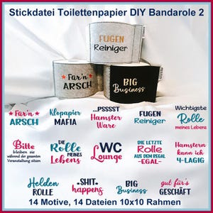 Set di 2 file per ricamo fai da te con bandarolo in carta igienica: motivi divertenti per il tuo bagno!