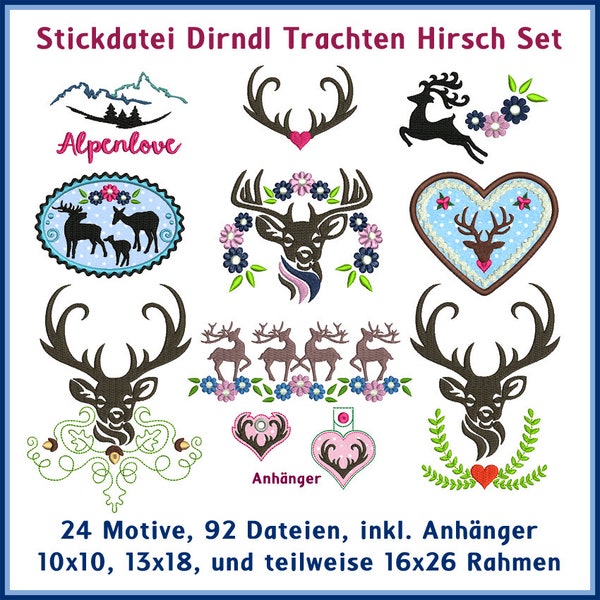 Stickdateien Dirndl Trachten Hirsch Set Stickmuster 92Dateien ab13x18 RockQueenEmbroidery