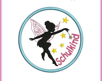 Stickdatei Schulkind Fee  Applikation Button Schule Schulstart Schulanfang Erster Schultag erste Klasse Schulbeginn RockQueenEmbroidery