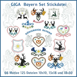 Könnte beinhalten: Ein Set mit 66 Stickdateien zu bayerischen Themen, darunter ein Hirsch, Brezeln, Herzen und eine Krone. Die Designs sind in drei Größen erhältlich: 10x10, 13x18 und 18x30.