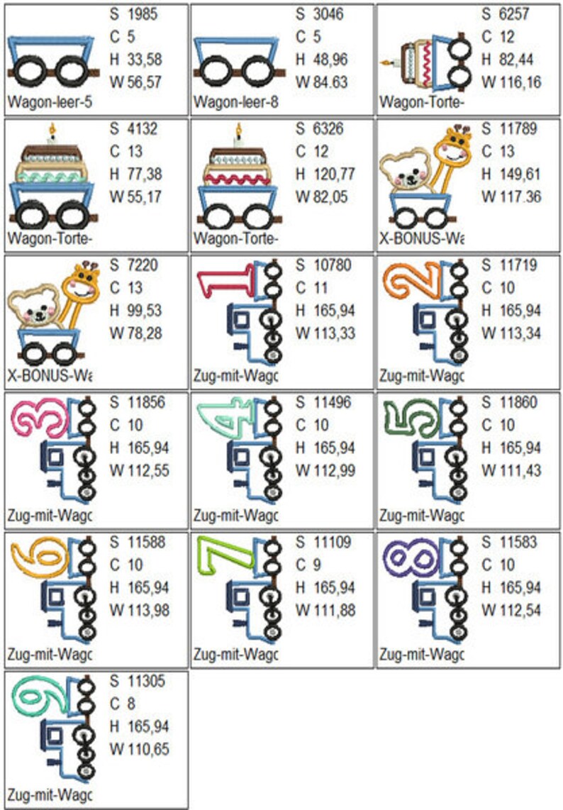 Stickdateien Geburtstagszug Applikation, Wagon mit Torte, große Zahlen im Anhänger, eigene Namen, 22 Motive, 37 Dateien RockQueenEmbroidery Bild 3