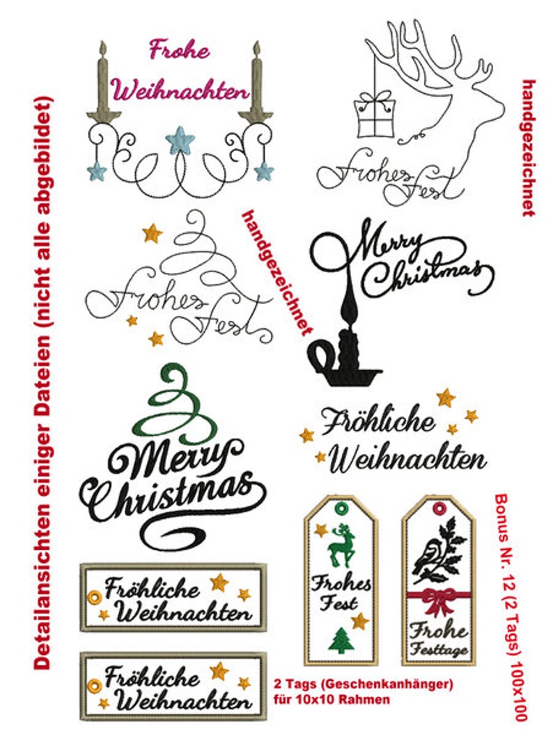 Stickdateien Weihnachts-Schriftzüge W11 Stickmuster ABC Hirsch, 20 Dateien Frohes Fest embroidery files german phrases RockQueenEmbroidery Bild 3