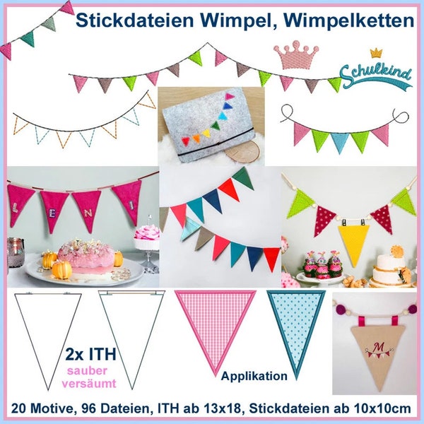 Stickdateien Wimpel DIY XXL Set ITH Wimpelkette Applikationen Geburtstag Jubiläum, 20 Motiv, 96 Dateien, RockQueenEmbroidery