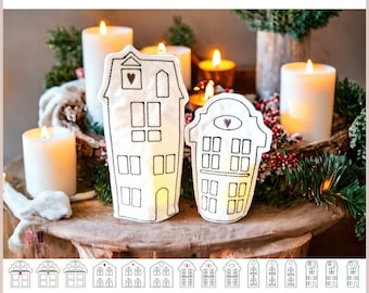 Puede incluir: Un conjunto de 15 diseños de bordado para crear cubiertas de velas con casas. Los diseños están disponibles en dos tamaños, 10x10 cm y 20x30 cm. La imagen muestra una cubierta de vela terminada con un diseño de casa.