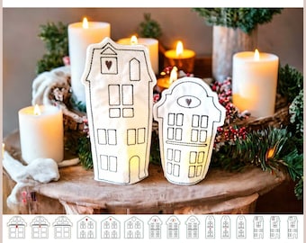 Stickdateien Teelicht cover 15 Häuser ITH tea light cover houses in the hoop Weihnachten Herbst