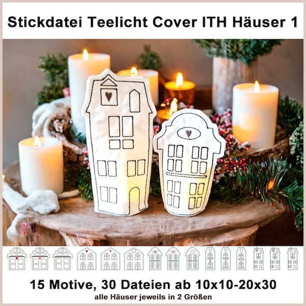 Stickdateien Teelicht cover 15 Häuser ITH tea light cover houses in the hoop Weihnachten Herbst