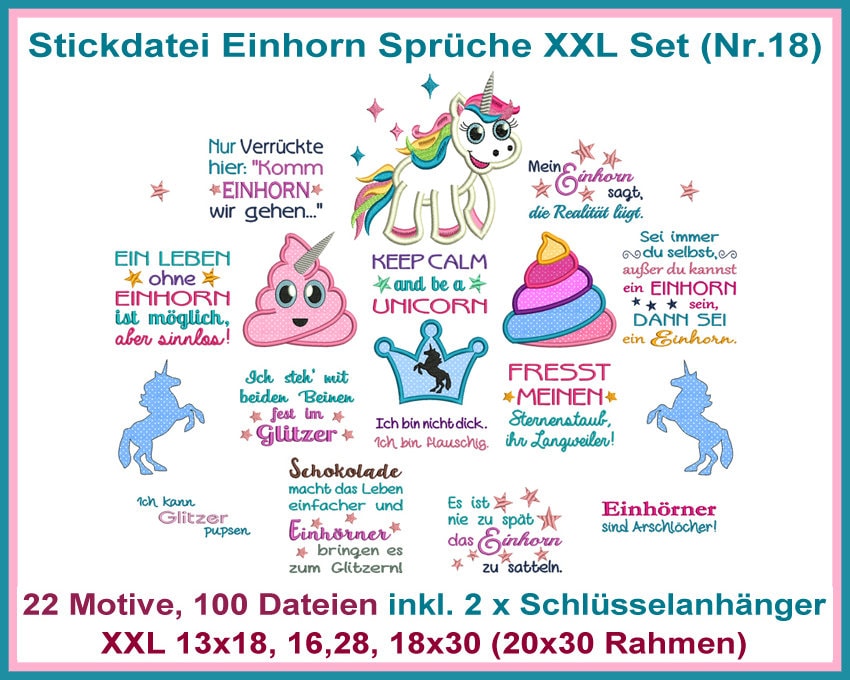 Stickdateien Einhorn XXL Sprüche Set Nr. 18. Über 100 schöne Dateien zum Thema Einhörner auch mit ITH Schlüsselanhänger