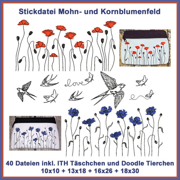 Stickdateien Mohn- und Kornblumenfeld. Ein wundervolles Blumen Set mit 40 Dateien Mohnblumen und Kornblumen mit Schwalben