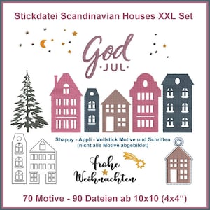 May include: A set of 70 Scandinavian house embroidery designs, including a Christmas tree, a star, and a house with the text "God Jul" in pink and white. The text "Shappy - Appli - Vollstick Motive und Schriften (nicht alle Motive abgebildet)" is also included. The text "Frohe Weihnachten" is in pink and white with a gold star. The text "70 Motive - 90 Dateien ab 10x10 (4x4")" is in black.