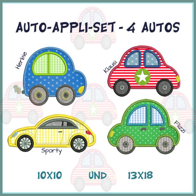 4 Autos als Stickdatei Set: Kreative Vielfalt für Kinder Applikationen Bild 1