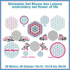 Puede incluir: Un conjunto de 28 diseños de bordado que presentan el símbolo de la Flor de la Vida en varios tamaños y estilos. Los diseños incluyen una gran Flor de la Vida colorida, una Flor de la Vida más pequeña con el texto "dein Name" y varios diseños de mini Flor de la Vida. El conjunto también incluye un diseño con un motivo floral y el texto "Anhänger + MugRug". Los diseños están disponibles en tamaños que van desde 10x10 hasta 20x30 puntadas.