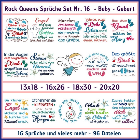 Rock Queens Sprüche Set Nr 16 Xxl Baby Geburt Stickdatei Süß Von Herzen Liebe Texte Ab 13x18 Rahmen Engel Rockqueenembroidery