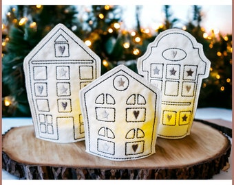 Stickdateien Teelicht cover 5 Häuser ITH tea light cover houses in the hoop Weihnachten Herbst in zwei Größen