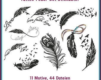 Stickdatei Feder Set Tattoo Feder Pfauenfeder RockQueenEmbroidery