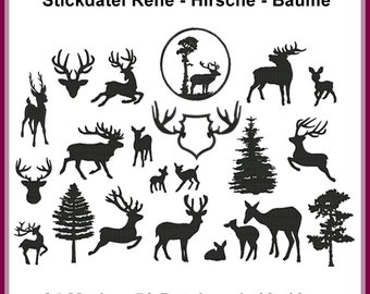 Stickdateien ein umfangreiches Sortiment mit 47 verschiedenen Designs von Hirschen, Rehkitzen, Geweihen und winterlichen Motiven