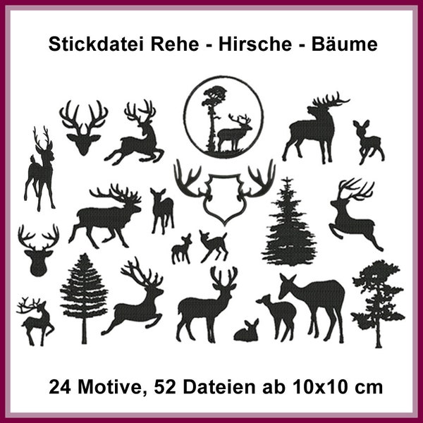 Stickdateien ein umfangreiches Sortiment mit 47 verschiedenen Designs von Hirschen, Rehkitzen, Geweihen und winterlichen Motiven