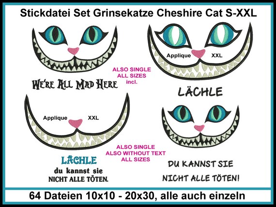 Stickdateien Grinsekatze Cheshire Cat Embroidery Alice Katze Applikationen  Lächeln, Mund Wonderland, Wunderland Applique 