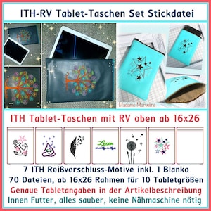 Könnte beinhalten: Ein Set mit 7 Stickdateien für Tablett-Taschen mit Reißverschluss. Die Designs beinhalten einen Baum, einen Anker, ein Einhorn, eine Feder, das Wort "Lesen", einen Löwenzahn und ein Sternenmuster. Die Designs sind für 16x26 Rahmen geeignet und passen für 10 verschiedene Tabletgrößen. Die Designs sind als 70 digitale Dateien verfügbar.