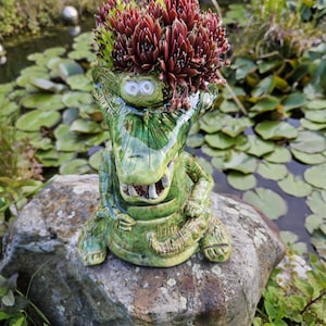 Könnte beinhalten: Ein grüner Keramik-Alligator-Blumentopf mit einer Sukkulentenpflanze. Der Alligator hat ein detailliertes, strukturiertes Design. Die Sukkulente hat tiefrote und grüne Blätter. Der Topf steht auf einem großen Stein.