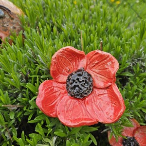 May include: A handcrafted ceramic poppy flower sculpture featuring vibrant red petals with a glossy finish and a textured, dark brown central disc. The flower has five distinct, rounded petals and is displayed among green foliage.