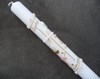 Hand-decorated communion/baptism candle for girls, pink