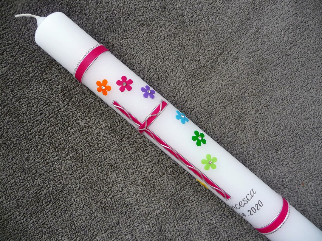Communion Candle Christening Candle Girl Flowers Rainbow Pink Etsy