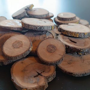 Könnte beinhalten: Ein Haufen kleiner, runder Holzscheiben mit sichtbaren Jahresringen und Rindenkanten. Das Holz hat eine natürliche braune Farbe mit Farbtonvariationen. Einige Scheiben weisen Risse auf. Geeignet für Bastelarbeiten.