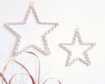 May include: Two silver star-shaped ornaments hanging on a white wall. The stars are outlined with a twisted, rope-like material. A dried plant with brown leaves is in the foreground.