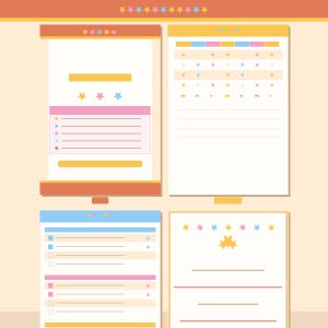 May include: A collection of four colorful, illustrated stationery sheets. The sheets feature a variety of designs, including stars, lines, and boxes, with a color palette of pink, blue, yellow, and orange. The stationery is set against a light beige background.