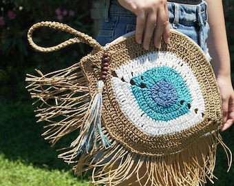 Evil Eye Clutch Bag, Straw Clutch, Fringed Crochet Raffia Clutch, Evil Eye Beach Bag, Summer Bag, Turkish Evil eye Bag, Festival Clutch Bag